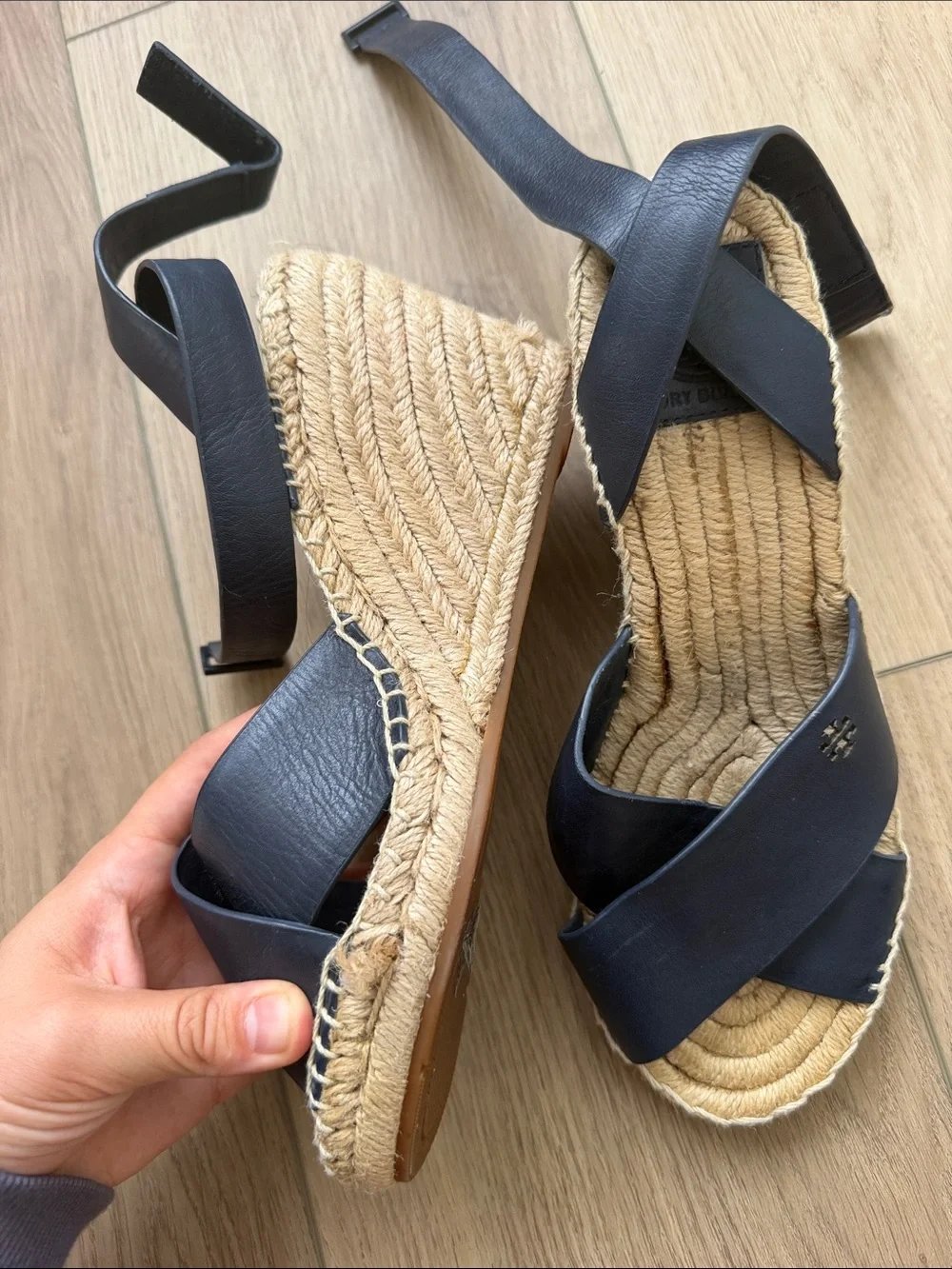 Tory Burch Navy Leather Crisscross Espadrille Wedges